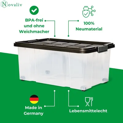 Productafbeelding van Novaliv 7-delige set opbergboxen met deksel, antraciet: 1x 45 liter + 2x 15 liter + 2x 5 liter + 2x 2 liter. In elkaar te zetten, stapelbaar, met clipsluiting, rollende boxen, BPA-vrij