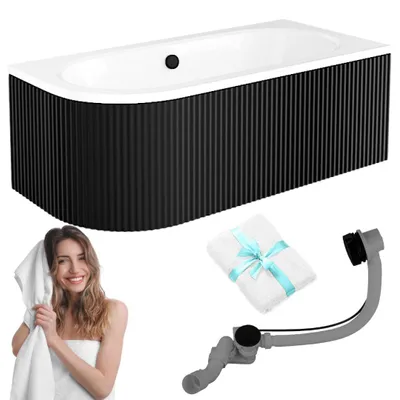 BESCO AVITA Eckbadewanne 150x75 RECHTS Schwarz Set mit Acrylschürze, Füßen, Ablaufgarnitur & GRATIS