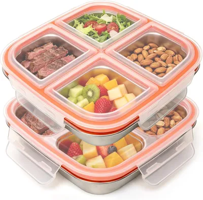 Produktbild von 2 Stk 600ml Snackbox mit Fächern Edelstahl,Brotdose für Kinder &Erwachsene