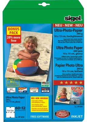 Produktbild von SIGEL IP656 Inkjet Fotopapier Ultra, hochglänzend, 260 g/m², 10x15 cm, 72 Blatt