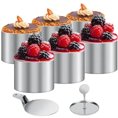 Productafbeelding van Dessertringen Set - Voedselringen Bakvormen - Nagerechten Vormgeven - Naadloos Roestvrij Staal - 6 Stuks 7.5cm - Zilver
