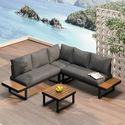 Produktbild von okwish  Gartenlounge-Set,Gartenmöbel-Set mit Kissen, Garten-Essgruppe Balkonmöbel,  Ecksofa mit verstellbarer Winkel-Liegefunktion, mit Couchtisch, Grau+Schwarz