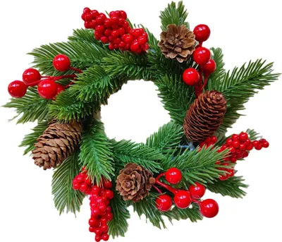 Produktbild von Weihnachtskerzenkranz mit künstlichen roten Beeren, Tannenzapfen und Kiefernnadeln, kleiner Tischkerzenhalter für Heimpartys und Kamindekoration