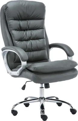 A gray office chair on a white background.