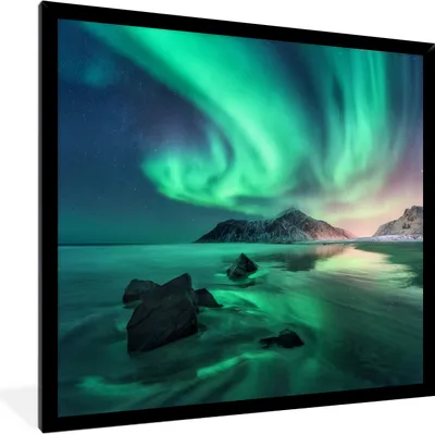 Produktbild von MuchoWow® MuchoWow® Gerahmtes Poster Nordlichter - Nacht - Reflexion - Norwegen 40x40 cm - Poster mit zchwarzem Bilderrahmen - Mit Rahmen - Wanddekoration Schlafzimmer