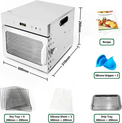 Obrázek produktu pro Sušička ovoce a zeleniny – nerezová ocel – 6 polic – 400 wattů – bez BPA – teplota 30–90 °C – časovač až 24 hodin