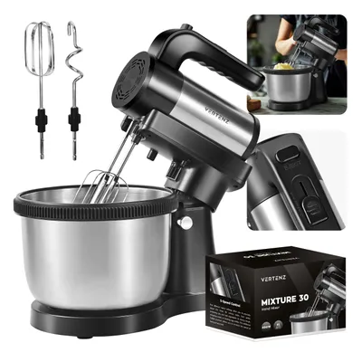 Produktbild von VERTENZ Mixture 30 Handrührgerät mit Schüssel | 2-in-1-Handmixer | Drehbare Schüssel mit 4 l Fassungsvermögen | 5 Fahrstufen | Schwarz/Silber