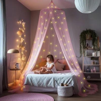 Productafbeelding van Ibenzoa® roze hemel voor kinderbed met 67 lichtgevende sterren, polyester, 1020 x 230 x 56 cm, gaas met 156 gaatjes als insectenbescherming, zelfklevende ophangklemmen, geschikt voor kinderbed en babybed