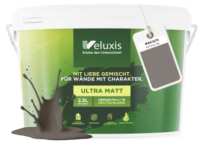 Produktbild von Wandfarbe Grau Braun Anthrazit Matt Innenfarbe – Deckkraft Klasse 1, VOC-frei, Ohne Grundierung, Tropfarm – Wohnzimmer & Schlafzimmer – 2,5L – Veluxis (Earl Grey Tea)