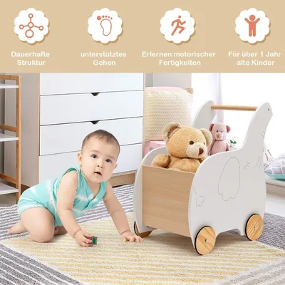 Produktbild von 2 in 1 Elefantenform Lauflernwagen aus Holz mit Großer Spielzeugkiste Lauflernhilfe Weiß