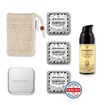 Produktbild von Störtebekker® Dusch Routine Set - 3 x festes Shampoo (Active Carbon), Sisalsäckchen, Seifendose & Tagescreme - für die tägliche Pflege