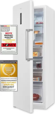 A white refrigerator with its door open, displaying food items inside. Two award badges are placed on the left side of the refrigerator.