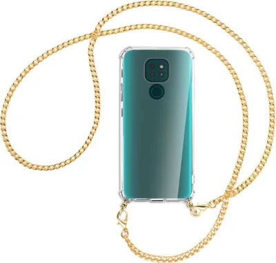 Produktbild von Handykette Backcover-Schutzhülle mit Band (Metall goldfarben) für Motorola Moto G9 / G9 Play - goldfarbene Kette