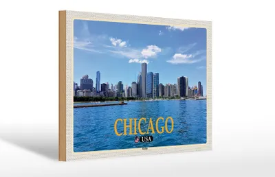 Produktbild von Holzschild Reise 30x20cm Chicago USA Skyline Hochhäuser