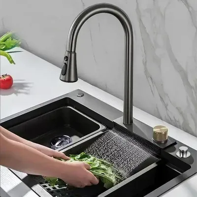 Imagen del producto de Fregadero de acero inoxidable con grifo digital y cuatro niveles de agua para la cocina