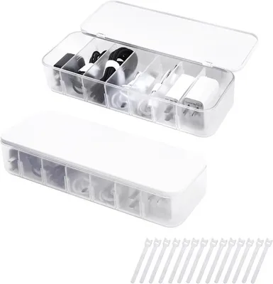 Produktbild von PolkaHome® Kabelbox 2er Set Transparent mit 7 Fächern & 14 Kabelbindern – Kabelaufbewahrung für Schreibtisch & Schublade