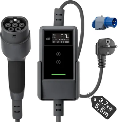 Image de Câble de recharge portable pour véhicule électrique, type 2 – Chargeur domestique 3,7 kW avec prise Schuko et écran numérique