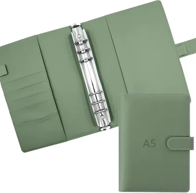 Produktbild von A5 Ringbuch, 6 Ringe, nachfüllbares Notizbuch, Kunstleder, grüner Einband, für Schule