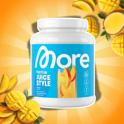 Imagen del producto de MORE Protein Juice Style Mango Puro, 600 g – Polvo de proteína con sabor a mango + Protector de envío Heartforcards