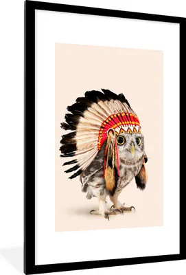 Produktbild von MuchoWow® Gerahmtes Poster Eule - Indianer - Federn - Tiere 60x90 cm - Poster mit Schwarzem Bilderrahmen Wandposter Rahmen Foto Bilder - Dekoration - Wandposter Wohnzimmer - Hochwertig