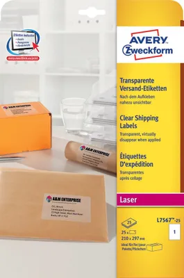 Produktbild von Avery L7567-25, Transparent, Abgerundetes Rechteck, Permanent, DIN A4, Polyester, Laser