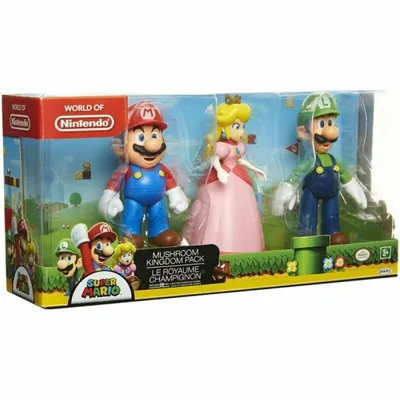 A product packaging box containing three Super Mario Bros. action figures: Mario, Princess Peach, and Luigi.
