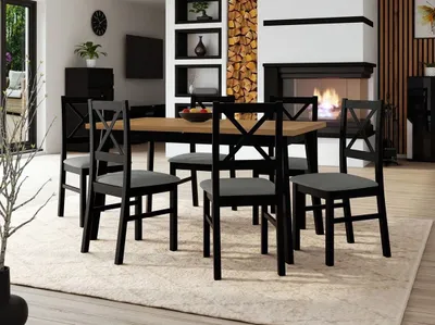 Obrázok produktu pre Rozkladací jedálenský stôl 140 cm so 6 stoličkami ADELBITE 3 - dub grandson / čierny / šedý