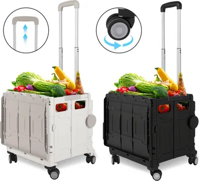 Zdjęcie produktu dla Wózek na zakupy Izrielar – składany, do 55 kg, z teleskopową rączką i kółkiem obrotowym 360° – na zakupy, podróże i kemping – czarny