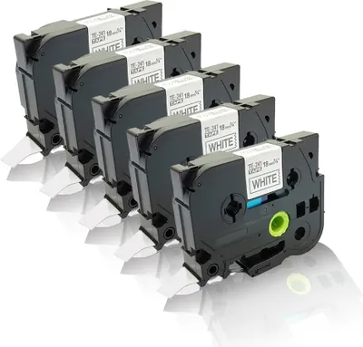 A group of five black label tape cartridges with white labels are arranged diagonally on a white background.