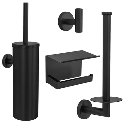 Produktbild von VDN Stainless Toilettenzubehör Set schwarz 4-teilig - Toilettenbürstenhalter - Toilettenpapierhalter mit Ablage - Handtuchhaken - Ersatzrollenhalter