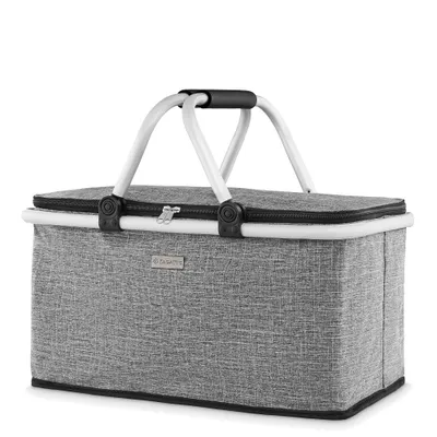 A gray foldable picnic basket with a white handle and black zipper, shown against a white background.
