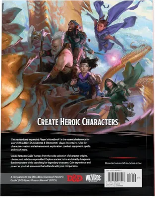 The back cover of a Dungeons & Dragons Player's Handbook, featuring artwork of several fantasy characters and descriptive text.