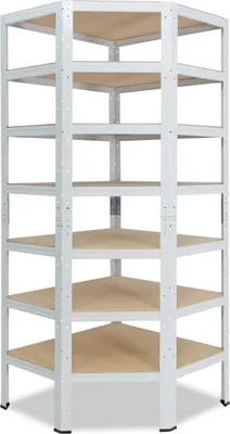 A white metal corner shelving unit with wooden shelves against a white background.