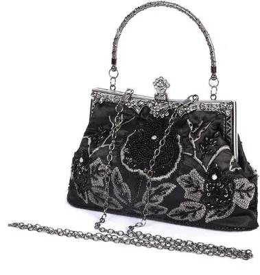 Image de Pochettes de soirée pour femme ornées de perles florales, sacs à main noirs pour femme avec broderies, taille unique