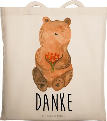 Produktbild von Mr. & Mrs. Panda Stoffbeutel Bär Dankbar - Transparent - Geschenk, totebag, Schultasche, Jutebeutel, Büchertasche, Teddy, Danke, Tote Bag, Blumen, Dankeschön, Tragetasche