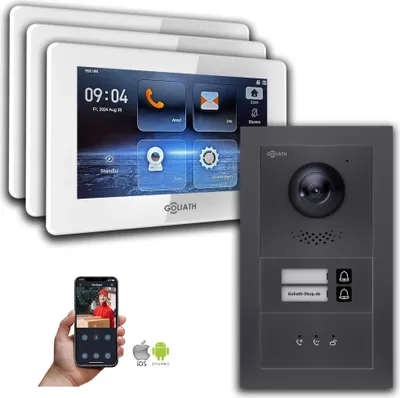 Produktbild von Goliath IP Video Türsprechanlage: 7-Zoll 3 Monitore 2 Fam., Anzeige, Anthrazit : Aufputzdose : 7 Zoll in Weiß : 4er POE Anschluss über:: 4er POE Monitor Auswahl: 7 Zoll in Weiß Türklingel Montagedose: Aufputzdose