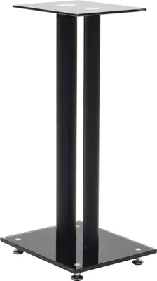 A black speaker stand with a glass base and top, on a white background.