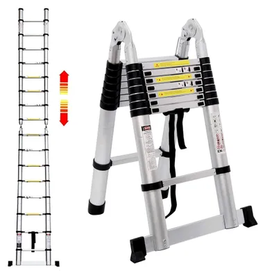 Produktbild von 5M Teleskopleiter Aluminium Ausziehbare Klappleiter 2,5M + 2,5M Teleskopleiter mit Stabilisator, Hohe Mehrzweckleiter, 150 kg Tragfähigkeit