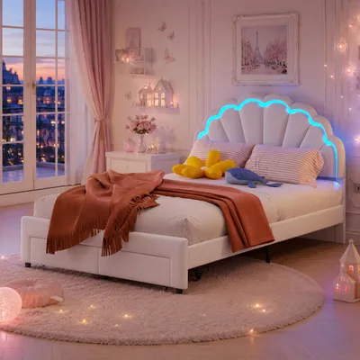 Produktbild von INONEFT Polsterbett Kinderbett 140x200cm, Mädchen Stauraumbett mit 2 Schubladen, doppelbett mit Lattenrost, Blütenblatt Kopfteil mit LED, Samt Weiß, KI-generiertes Bild