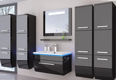 Produktbild von Badmöbel set Schwarz 190 cm Hochglanz Badmöbel Set 190 cm Bad möbel Komplett Set Incl Led System Fertig Montiert Lackiert 6 Teilig Badezimmer Hochschrank Badezimmerschrank Schwarz Badezimmerschrank MDF Holz Hängeschrank Bad Schwarz 190 cm