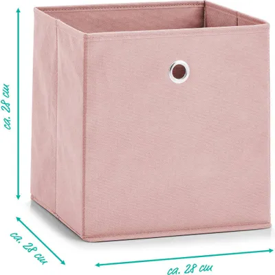 A pink storage box shown from a three-quarter angle.