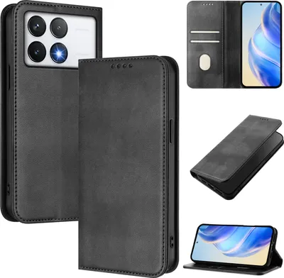 Produktbild von Handyhülle für Xiaomi Poco F6 Pro/Redmi K70/K70 Pro, Vintage Leder RFID Schutz Kartenfach Standfunktion Magnetische Klapphülle Schwarz