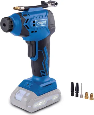 A cordless hand-held air compressor with various nozzles shown next to it, set against a white background.