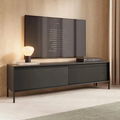 Productafbeelding van Lage TV-kast FERRATO, 187 cm, zwart, met ribbels, zonder handgrepen, 2 deuren