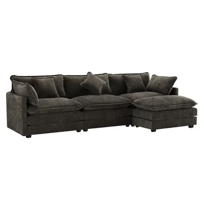 Produktbild von Ecksofa mit Hocker, Zier- und Armlehnenkissen, L-Form, Chenille, Wohnzimmersofa