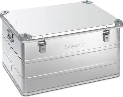 A silver aluminum storage box with latches and handles.