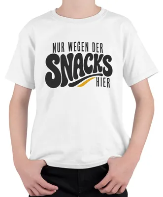 Immagine prodotto di Maglietta bianca per bambini, taglia 128, con scritta divertente a tema snack, ideale per una festa. (Sarcasmo)