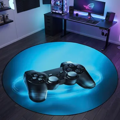 Image de Tapis de jeu avec joystick et rayon néon bleu Taille - 200 cm Rond