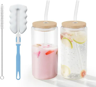 Produktbild von TWOLIIN Bubble Tea Becher mit Deckel und Strohhalm, 2er Set 550ml Borosilikatglas, Trinkgläser mit Bambusdeckel, Glasstrohhalm, Eiskaffee, Smoothie, Cocktail, Nachhaltig