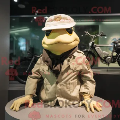 Produktbild von Maskottchenfigur REDBROKOLY eines cremefarbenen Frosches mit Motorradjacke und Baskenmütze